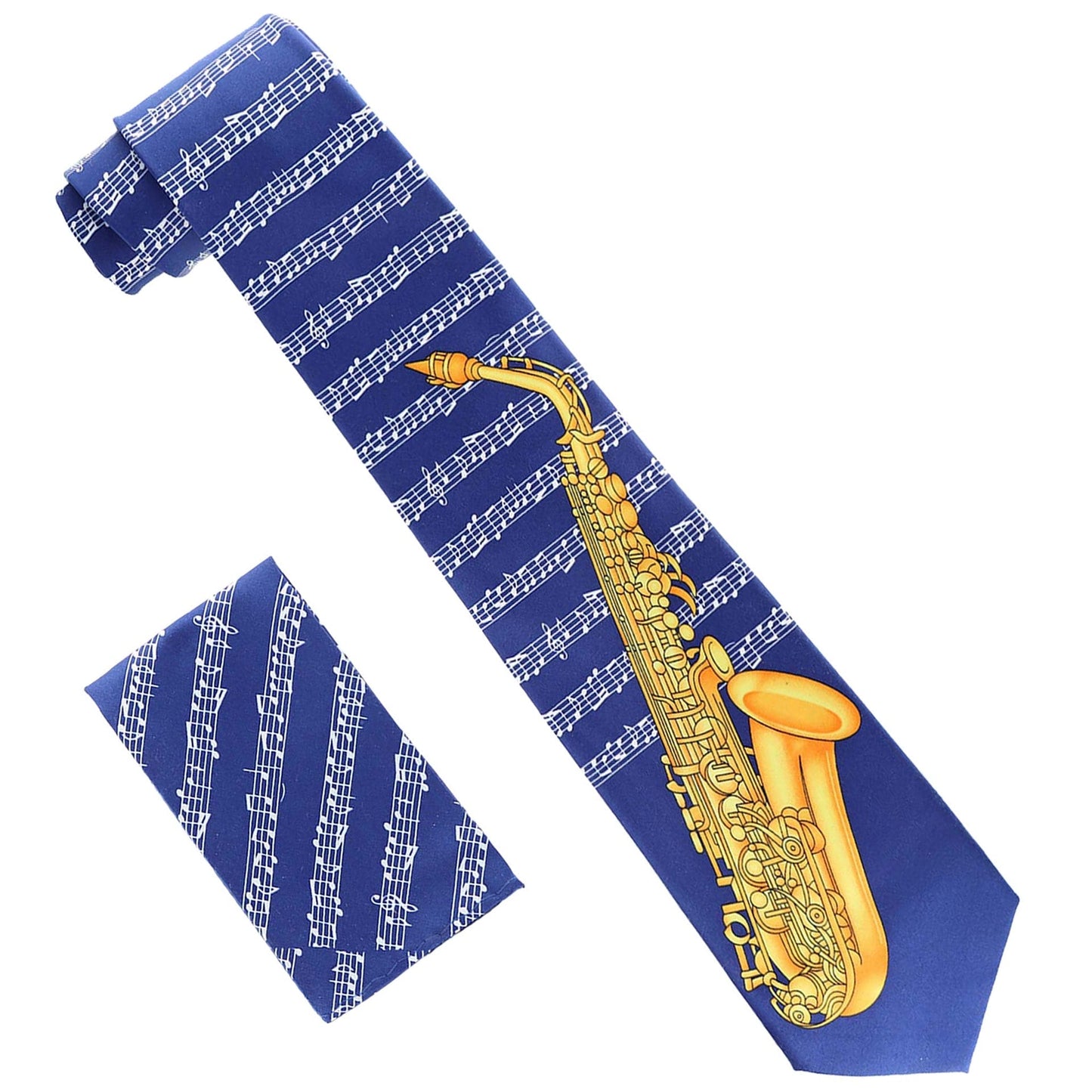Vittorio Farina Men's Red and Gold Trombone Musical Necktie and Pocket Square - Navy Blue - Necktie & Pocket Square - Vittorio Farina