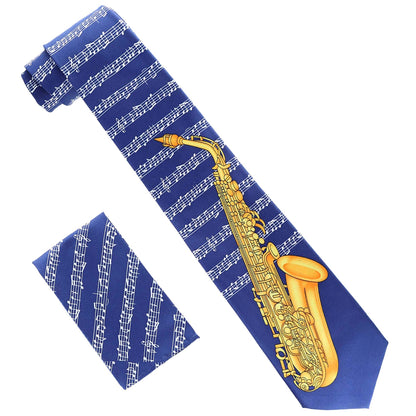 Vittorio Farina Men's Red and Gold Trombone Musical Necktie and Pocket Square - Navy Blue - Necktie & Pocket Square - Vittorio Farina