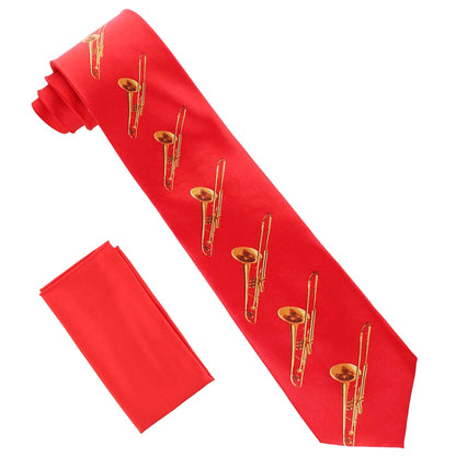 Vittorio Farina Men's Red and Gold Trombone Musical Necktie and Pocket Square - Red and Gold - Necktie & Pocket Square - Vittorio Farina