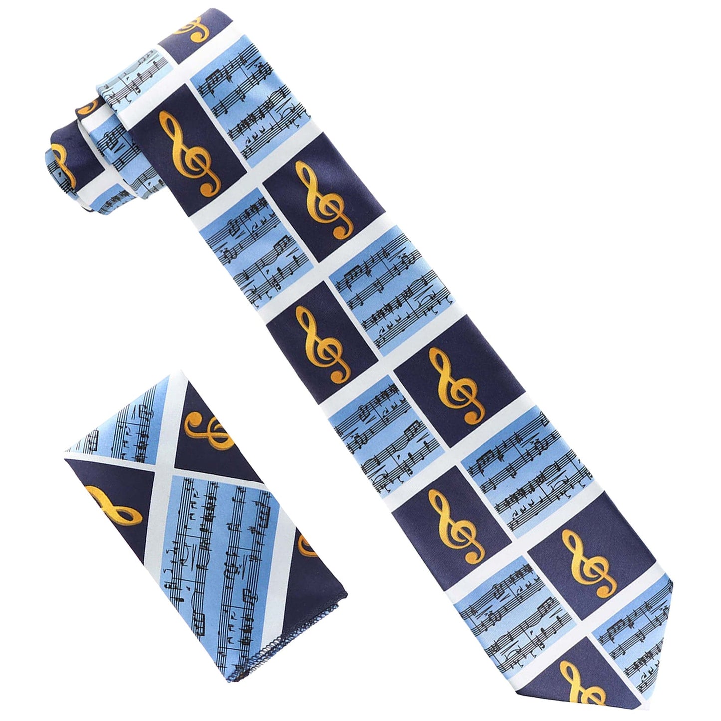 Vittorio Farina Men's Red and Gold Trombone Musical Necktie and Pocket Square - Royal Blue - Necktie & Pocket Square - Vittorio Farina