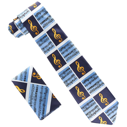 Vittorio Farina Men's Red and Gold Trombone Musical Necktie and Pocket Square - Royal Blue - Necktie & Pocket Square - Vittorio Farina