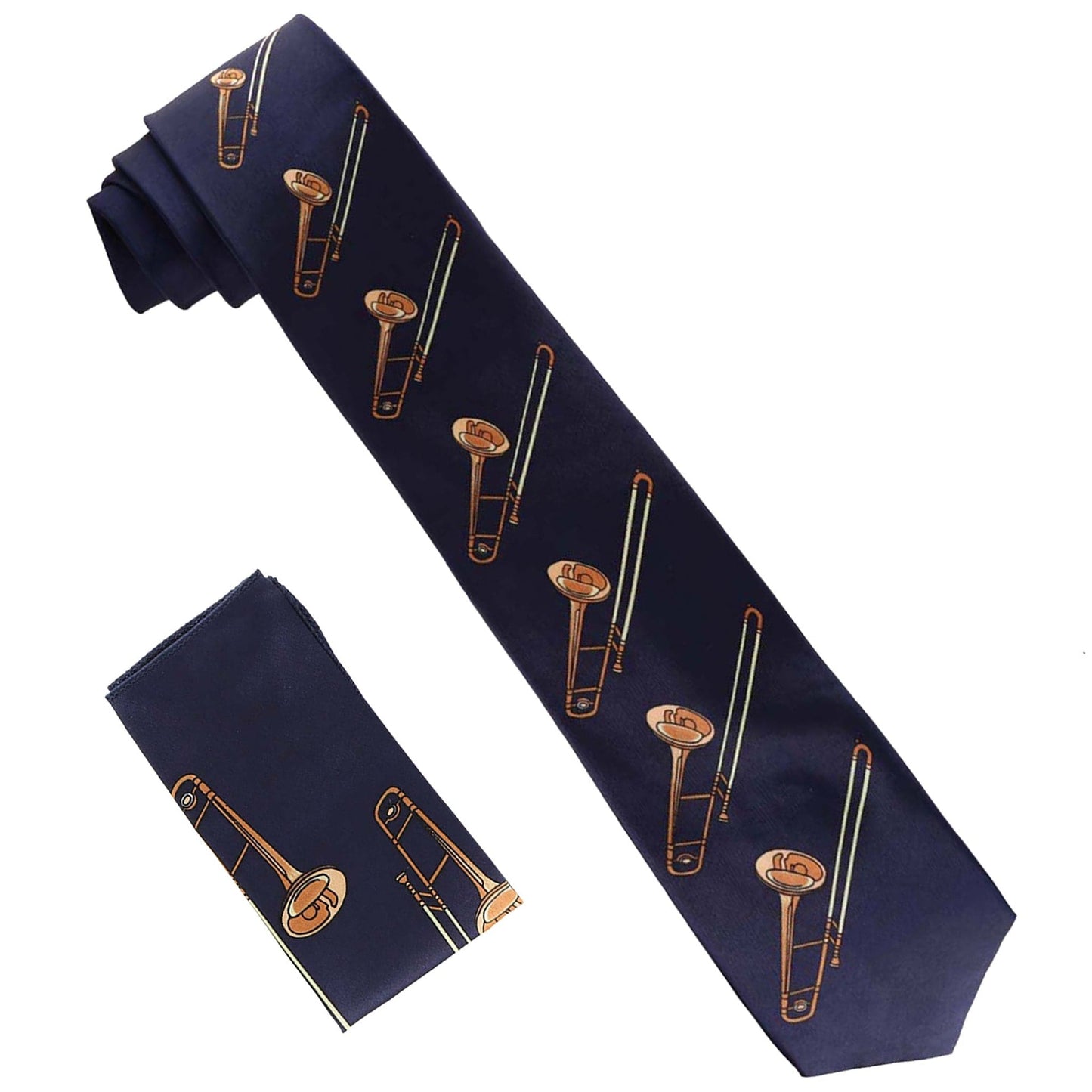 Vittorio Farina Men's Red and Gold Trombone Musical Necktie and Pocket Square - Trombone: Navy - Necktie & Pocket Square - Vittorio Farina