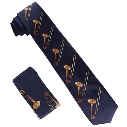 Vittorio Farina Men's Red and Gold Trombone Musical Necktie and Pocket Square - Trombone: Navy - Necktie & Pocket Square - Vittorio Farina