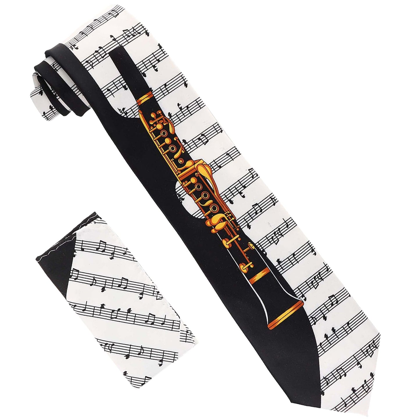 Vittorio Farina Men's Red and Gold Trombone Musical Necktie and Pocket Square - White and Black - Necktie & Pocket Square - Vittorio Farina