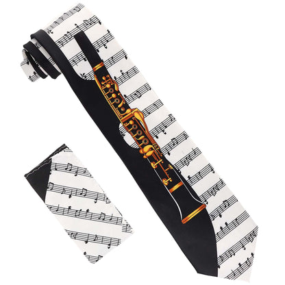 Vittorio Farina Men's Red and Gold Trombone Musical Necktie and Pocket Square - White and Black - Necktie & Pocket Square - Vittorio Farina