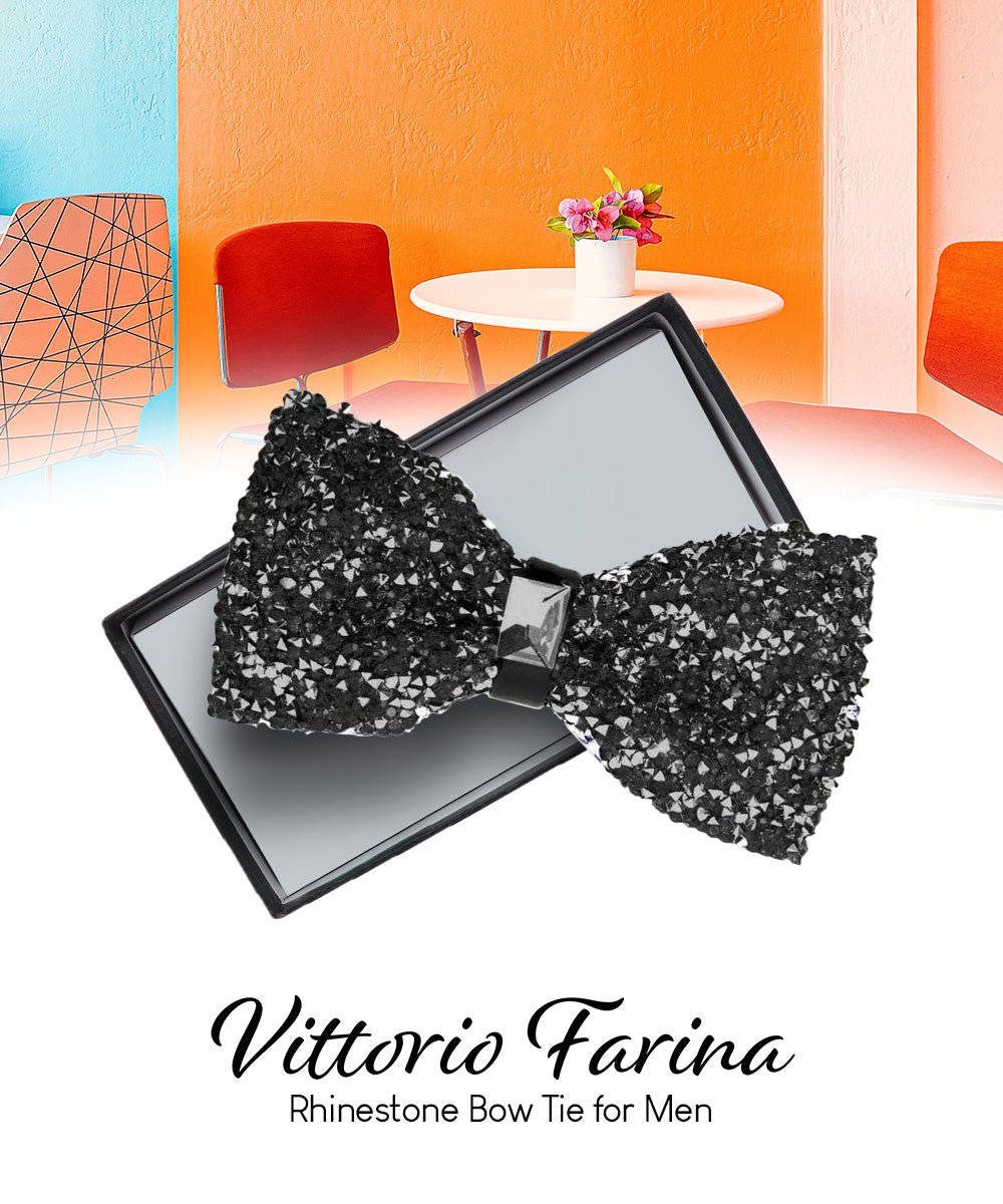 Vittorio Farina Men's Rhinestone Bow Tie in Gift Box - Black and Silver - Bow Tie - Vittorio Farina