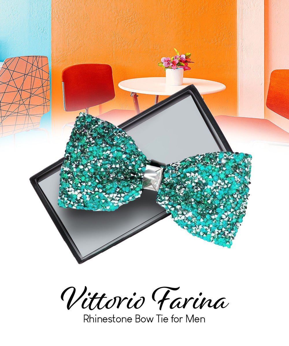 Vittorio Farina Men's Rhinestone Bow Tie in Gift Box - Teal Blue and Silver - Bow Tie - Vittorio Farina