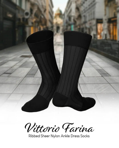 Vittorio Farina Men's Ribbed Shear Nylon Anklet Dress Socks - Black - Socks - Vittorio Farina