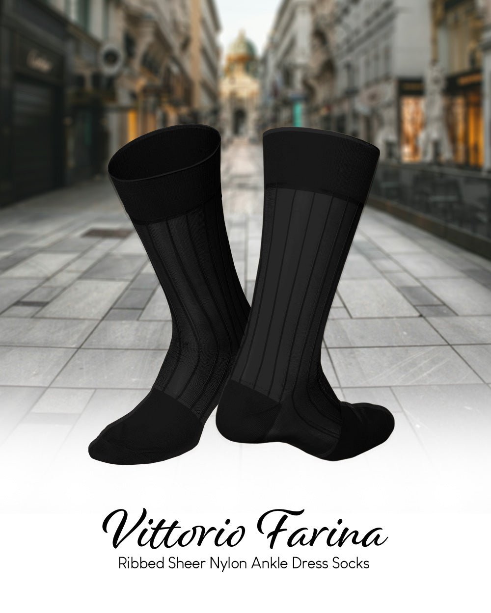 Vittorio Farina Men's Ribbed Shear Nylon Anklet Dress Socks - Black - Socks - Vittorio Farina