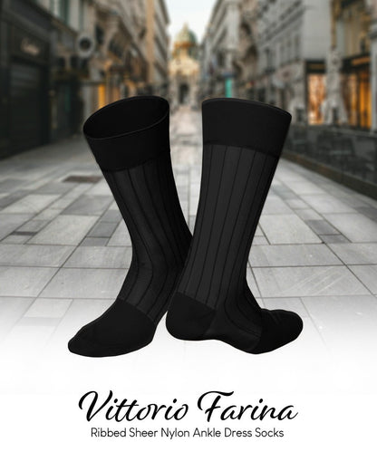 Vittorio Farina Men's Ribbed Shear Nylon Anklet Dress Socks - Black - Socks - Vittorio Farina