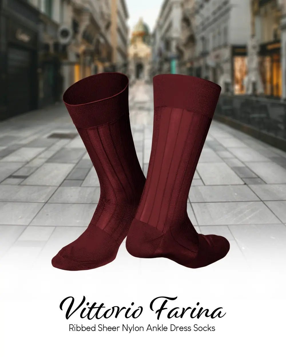 Vittorio Farina Men's Ribbed Shear Nylon Anklet Dress Socks - Burgundy - Socks - Vittorio Farina
