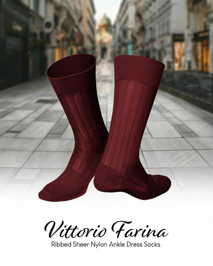 Vittorio Farina Men's Ribbed Shear Nylon Anklet Dress Socks - Burgundy - Socks - Vittorio Farina