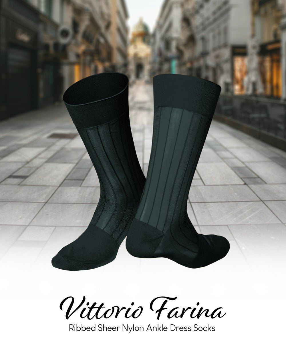 Vittorio Farina Men's Ribbed Shear Nylon Anklet Dress Socks - Charcoal - Socks - Vittorio Farina