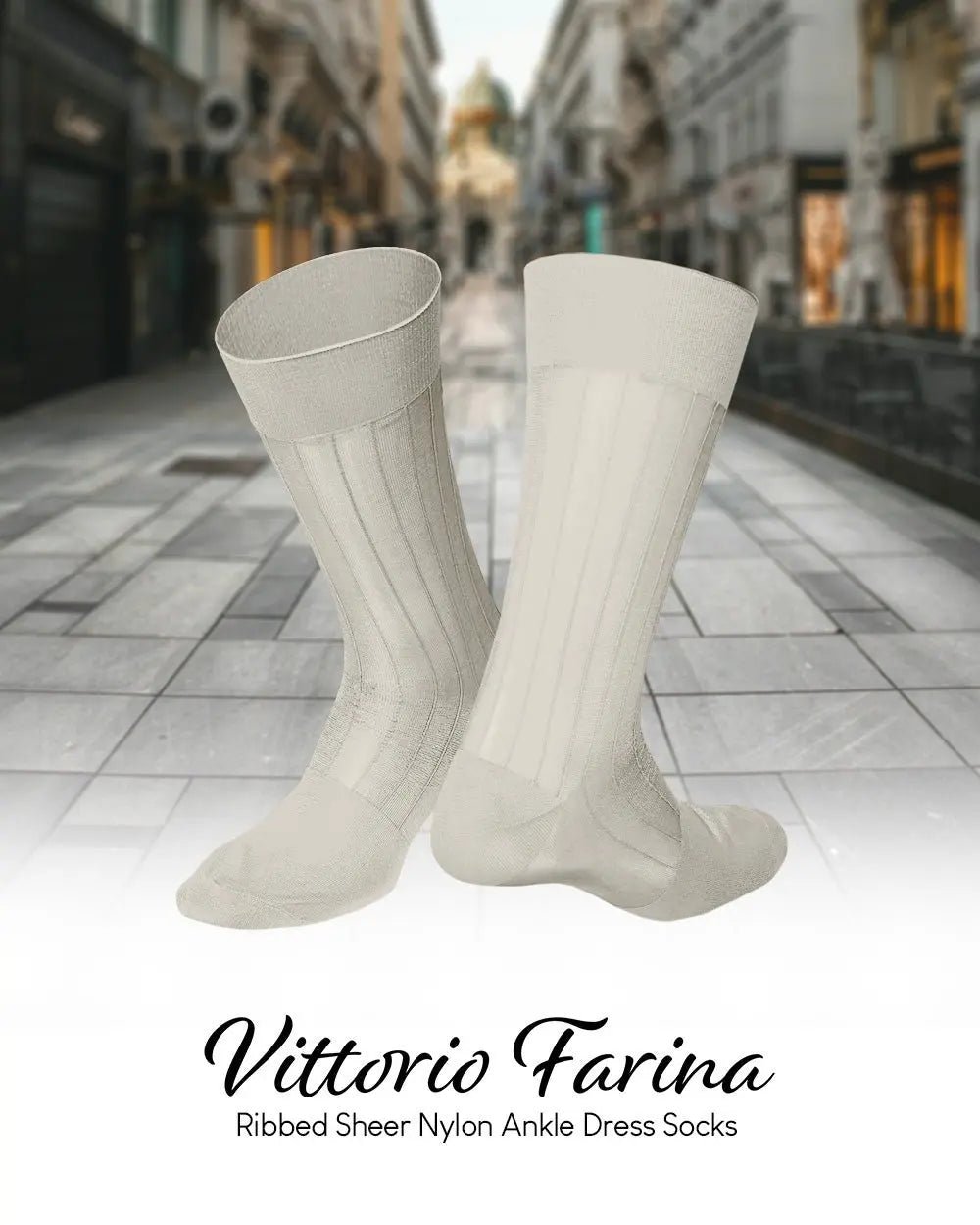 Vittorio Farina Men's Ribbed Shear Nylon Anklet Dress Socks - Ivory - Socks - Vittorio Farina