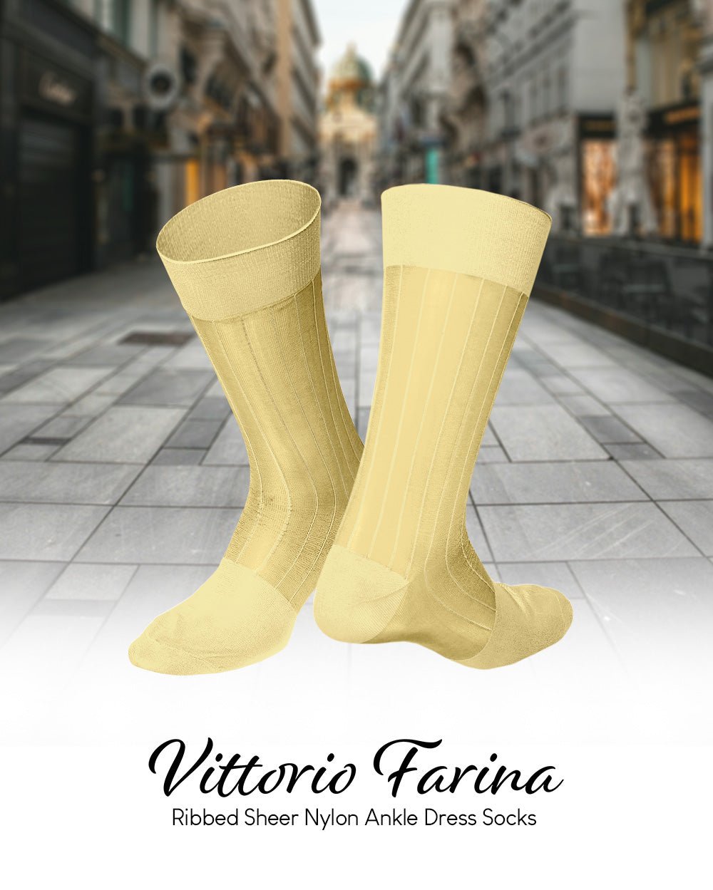 Vittorio Farina Men's Ribbed Shear Nylon Anklet Dress Socks - Maize - Socks - Vittorio Farina