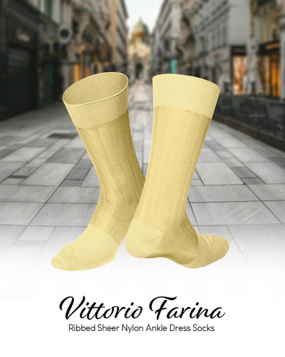 Vittorio Farina Men's Ribbed Shear Nylon Anklet Dress Socks - Maize - Socks - Vittorio Farina