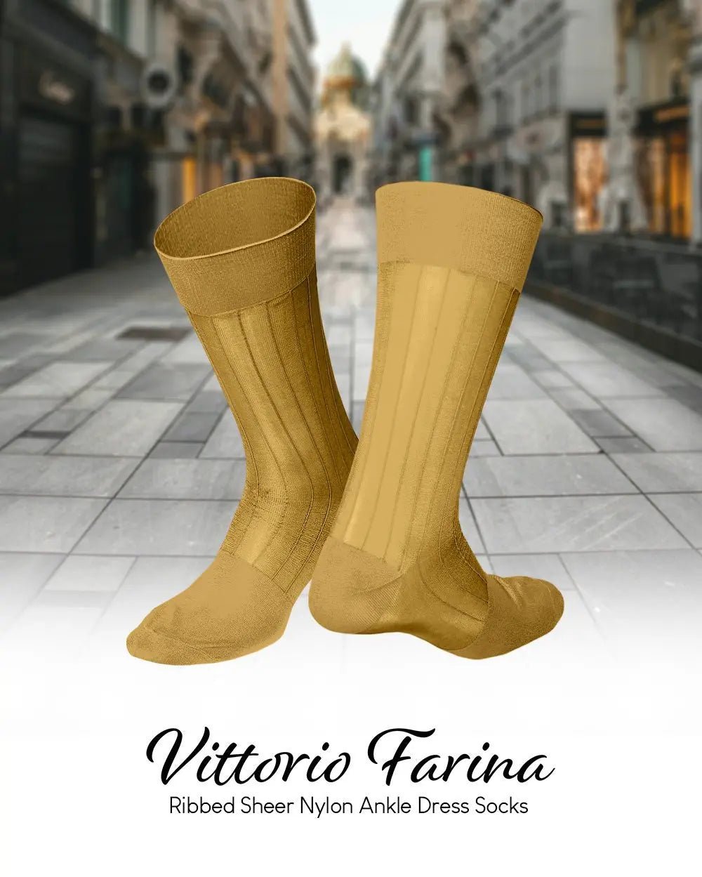 Vittorio Farina Men's Ribbed Shear Nylon Anklet Dress Socks - Mustard Yellow - Socks - Vittorio Farina