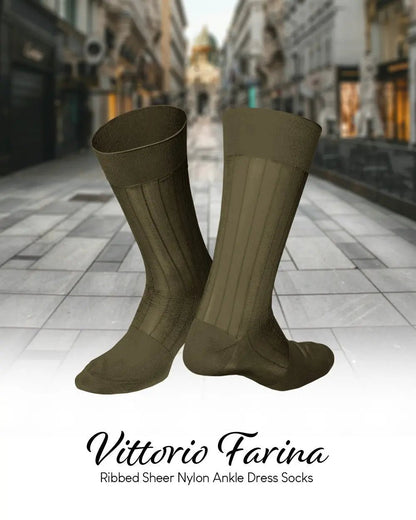 Vittorio Farina Men's Ribbed Shear Nylon Anklet Dress Socks - Olive Green - Socks - Vittorio Farina