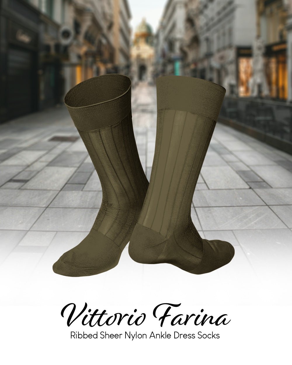 Vittorio Farina Men's Ribbed Shear Nylon Anklet Dress Socks - Olive Green - Socks - Vittorio Farina