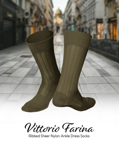 Vittorio Farina Men's Ribbed Shear Nylon Anklet Dress Socks - Olive Green - Socks - Vittorio Farina
