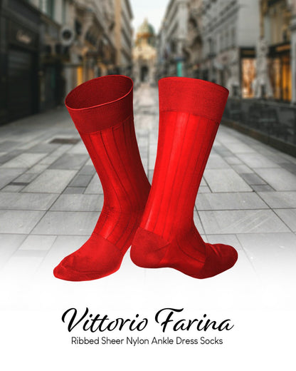 Vittorio Farina Men's Ribbed Shear Nylon Anklet Dress Socks - Red - Socks - Vittorio Farina