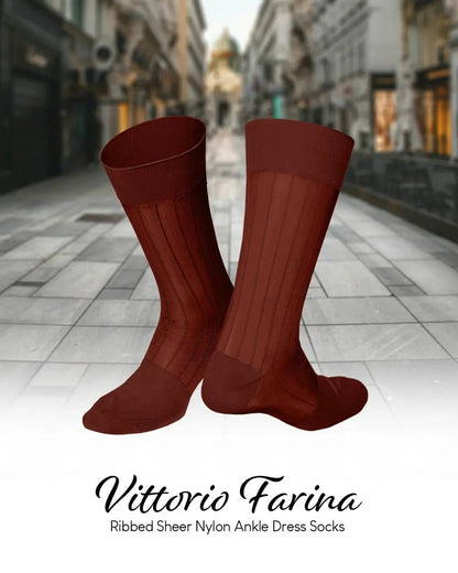 Vittorio Farina Men's Ribbed Shear Nylon Anklet Dress Socks - Rust Red - Socks - Vittorio Farina