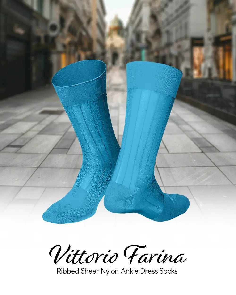 Vittorio Farina Men's Ribbed Shear Nylon Anklet Dress Socks - Turquoise - Socks - Vittorio Farina
