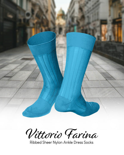 Vittorio Farina Men's Ribbed Shear Nylon Anklet Dress Socks - Turquoise - Socks - Vittorio Farina