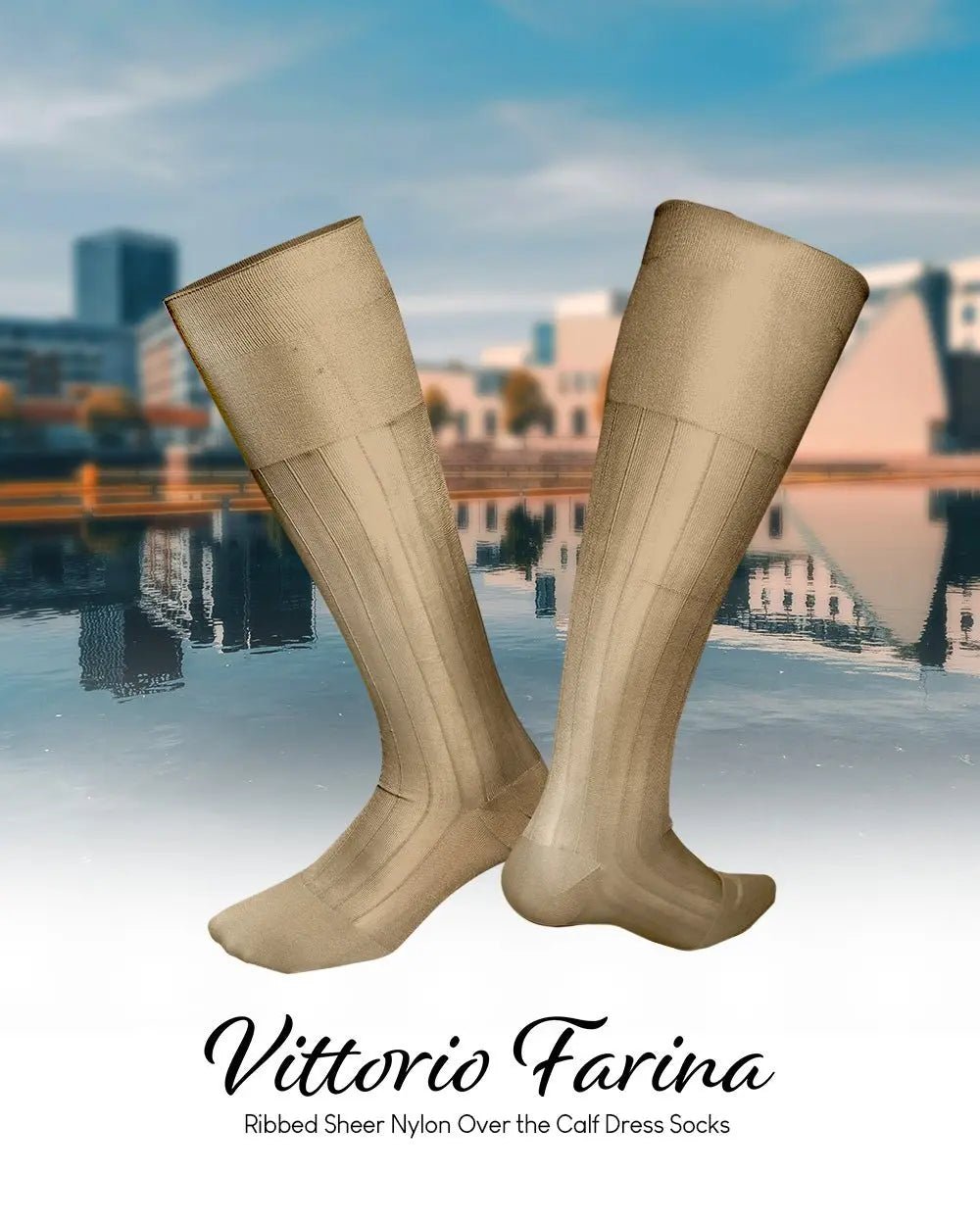 Vittorio Farina Men's Ribbed Shear Nylon Over The Calf Dress Socks - Beige - Socks - Vittorio Farina