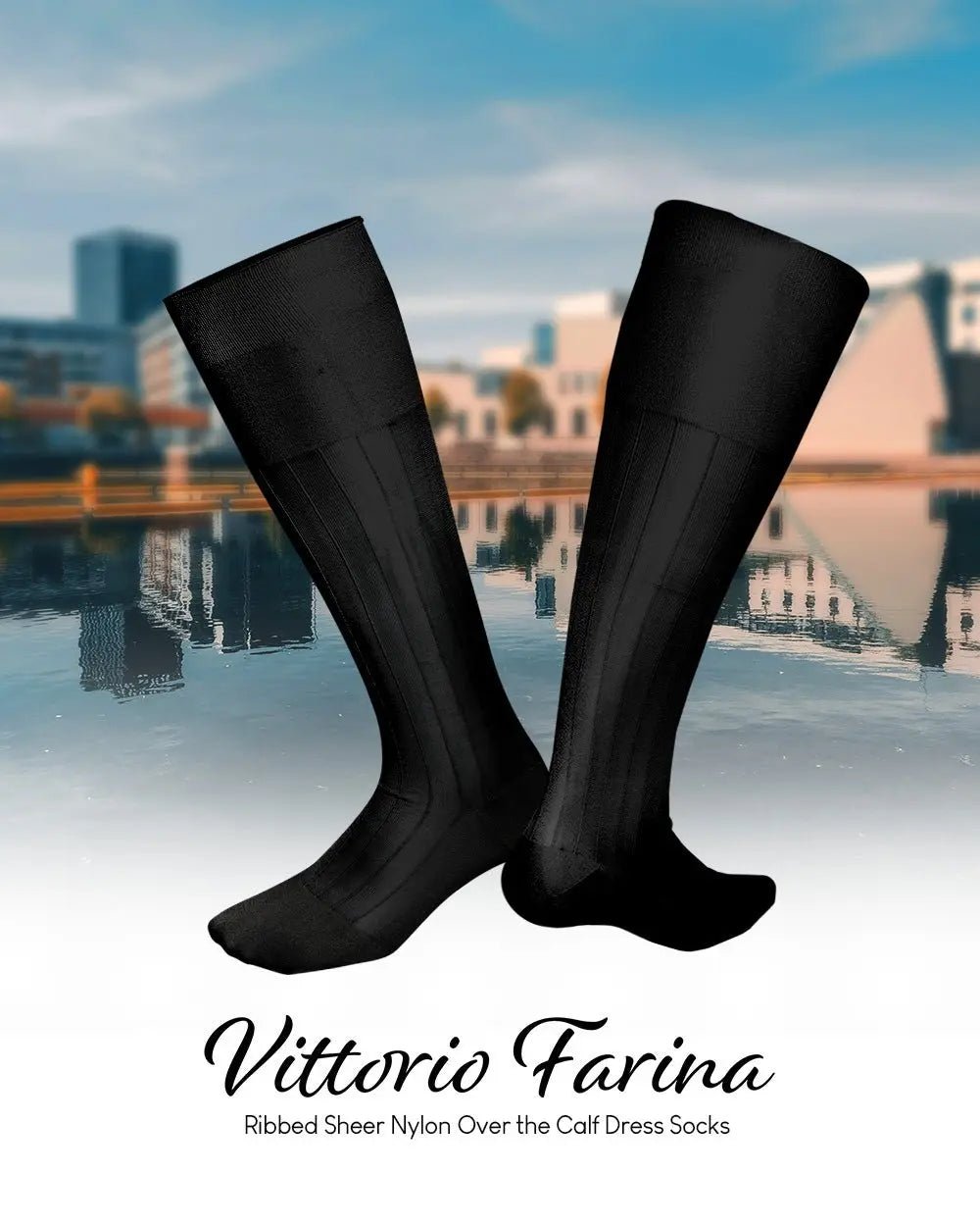 Vittorio Farina Men's Ribbed Shear Nylon Over The Calf Dress Socks - Black - Socks - Vittorio Farina