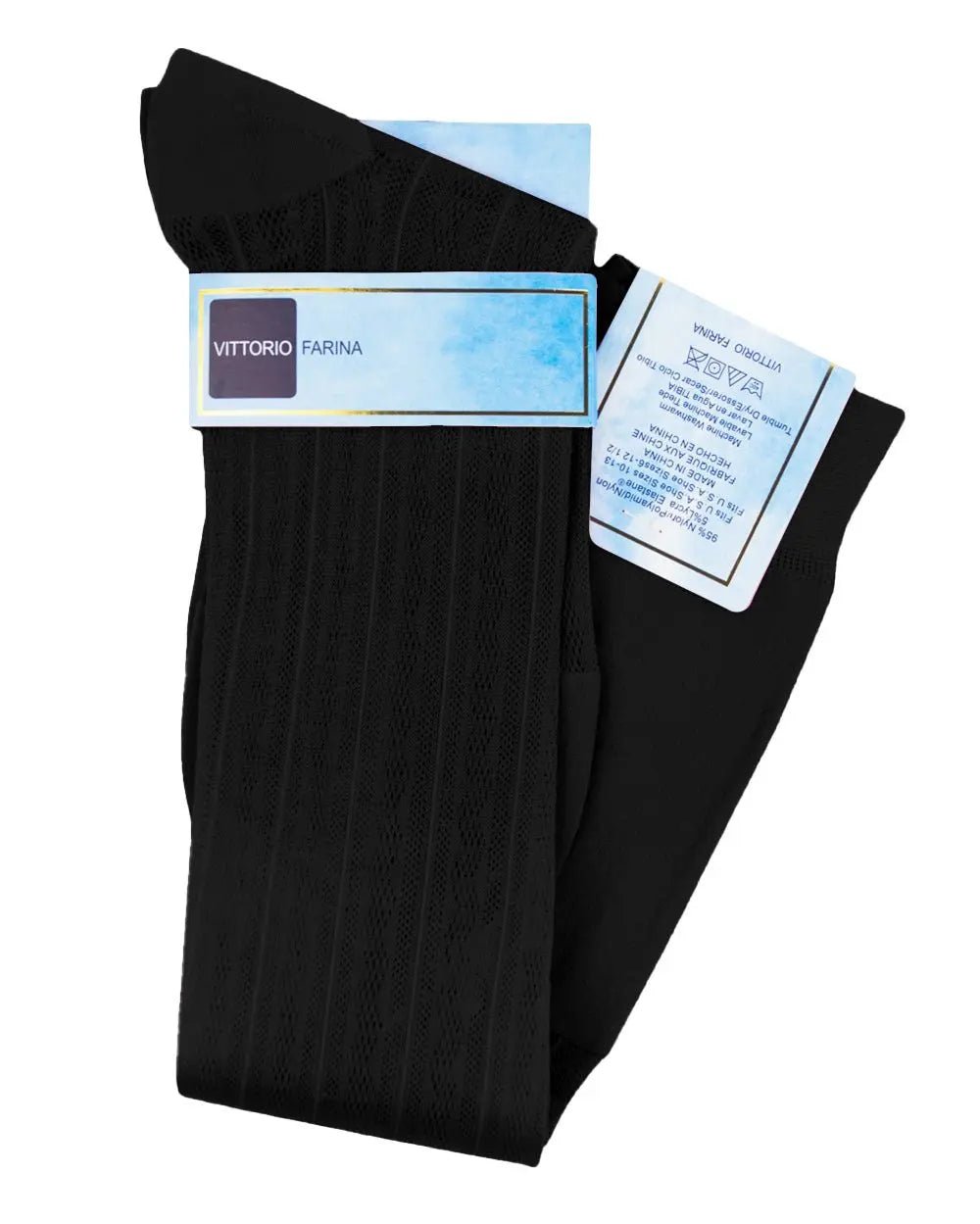 Vittorio Farina Men's Ribbed Shear Nylon Over The Calf Dress Socks - Black - Socks - Vittorio Farina