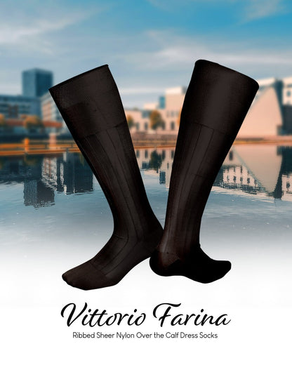 Vittorio Farina Men's Ribbed Shear Nylon Over The Calf Dress Socks - Brown - Socks - Vittorio Farina
