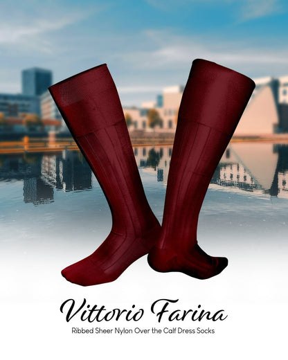 Vittorio Farina Men's Ribbed Shear Nylon Over The Calf Dress Socks - Burgundy - Socks - Vittorio Farina