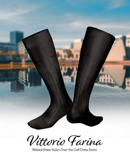 Vittorio Farina Men's Ribbed Shear Nylon Over The Calf Dress Socks - Black - Socks - Vittorio Farina