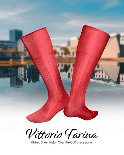 Vittorio Farina Men's Ribbed Shear Nylon Over The Calf Dress Socks - Coral - Socks - Vittorio Farina