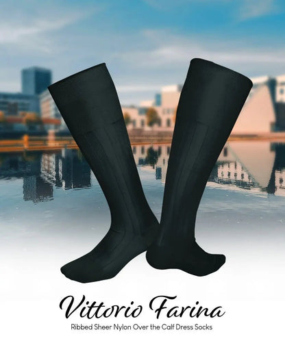 Vittorio Farina Men's Ribbed Shear Nylon Over The Calf Dress Socks - Hunter Green - Socks - Vittorio Farina