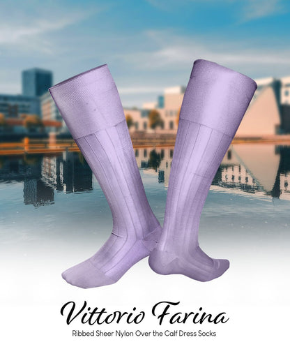 Vittorio Farina Men's Ribbed Shear Nylon Over The Calf Dress Socks - Ivory - Socks - Vittorio Farina