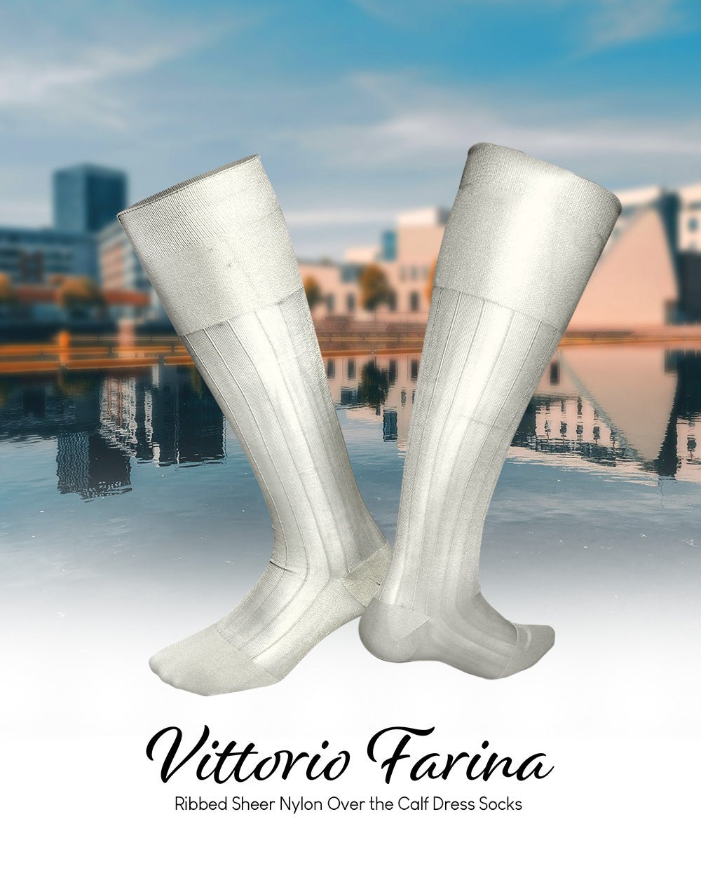 Vittorio Farina Men's Ribbed Shear Nylon Over The Calf Dress Socks - Ivory - Socks - Vittorio Farina