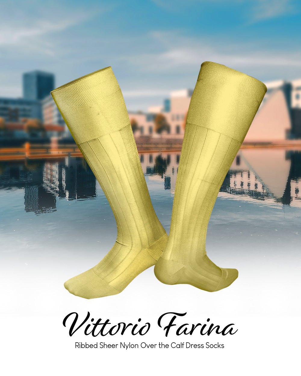 Vittorio Farina Men's Ribbed Shear Nylon Over The Calf Dress Socks - Maize - Socks - Vittorio Farina