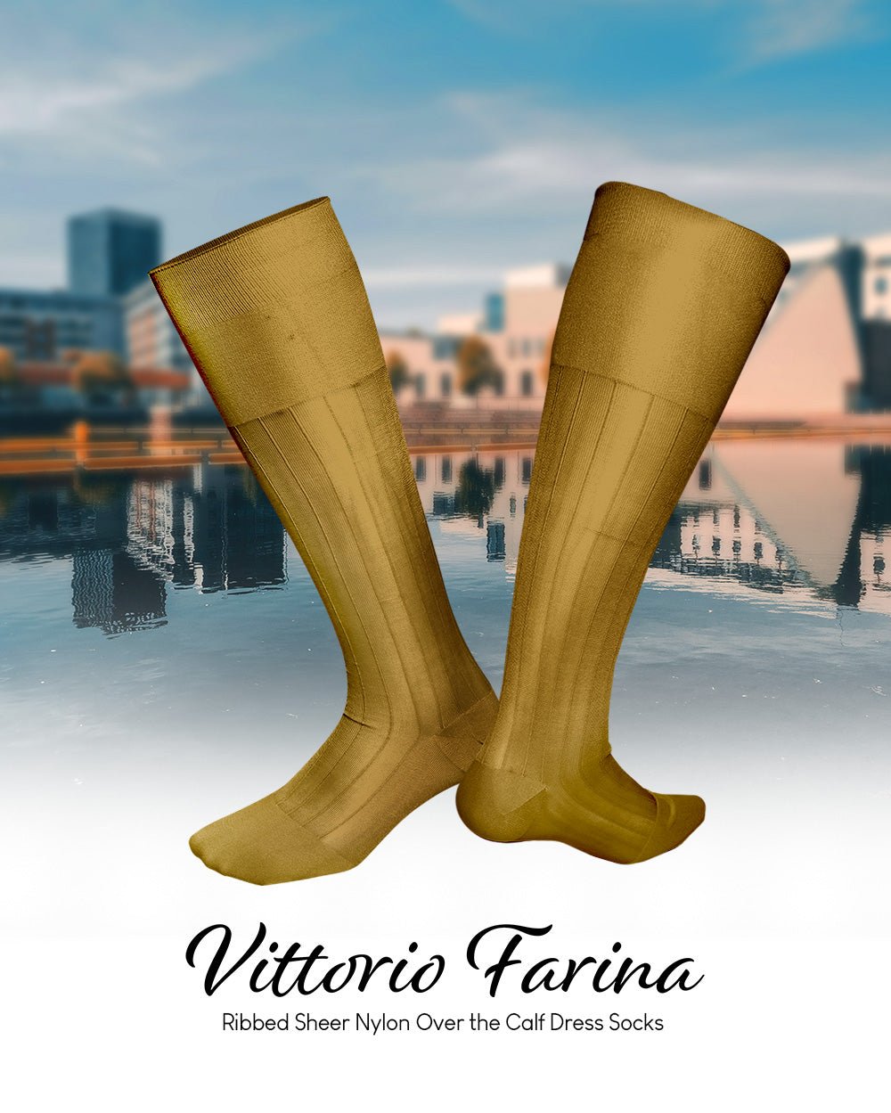 Vittorio Farina Men's Ribbed Shear Nylon Over The Calf Dress Socks - Mustard Yellow - Socks - Vittorio Farina
