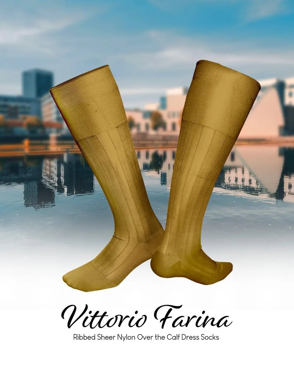 Vittorio Farina Men's Ribbed Shear Nylon Over The Calf Dress Socks - Mustard Yellow - Socks - Vittorio Farina