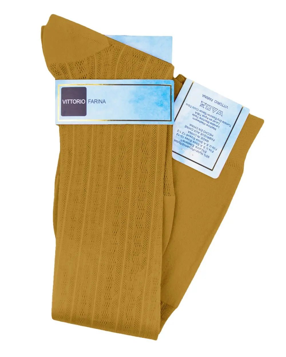 Vittorio Farina Men's Ribbed Shear Nylon Over The Calf Dress Socks - Mustard Yellow - Socks - Vittorio Farina