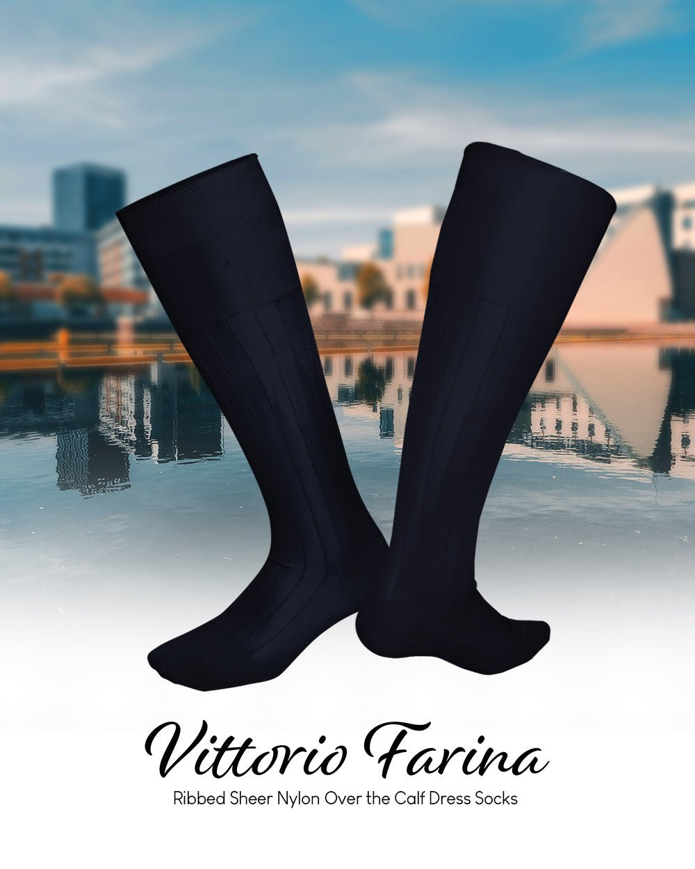 Vittorio Farina Men's Ribbed Shear Nylon Over The Calf Dress Socks - Navy Blue - Socks - Vittorio Farina