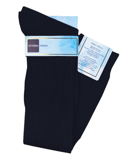 Vittorio Farina Men's Ribbed Shear Nylon Over The Calf Dress Socks - Navy Blue - Socks - Vittorio Farina