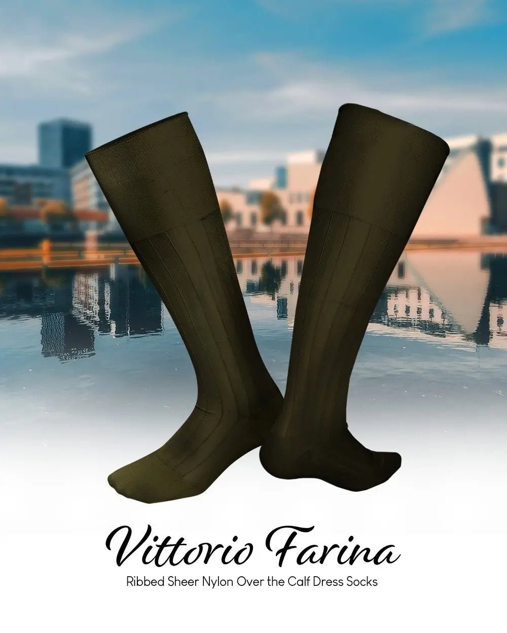 Vittorio Farina Men's Ribbed Shear Nylon Over The Calf Dress Socks - Olive Green - Socks - Vittorio Farina