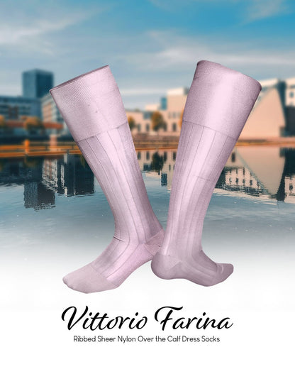 Vittorio Farina Men's Ribbed Shear Nylon Over The Calf Dress Socks - Beige - Socks - Vittorio Farina