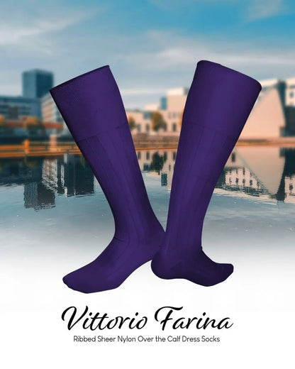 Vittorio Farina Men's Ribbed Shear Nylon Over The Calf Dress Socks - Purple - Socks - Vittorio Farina