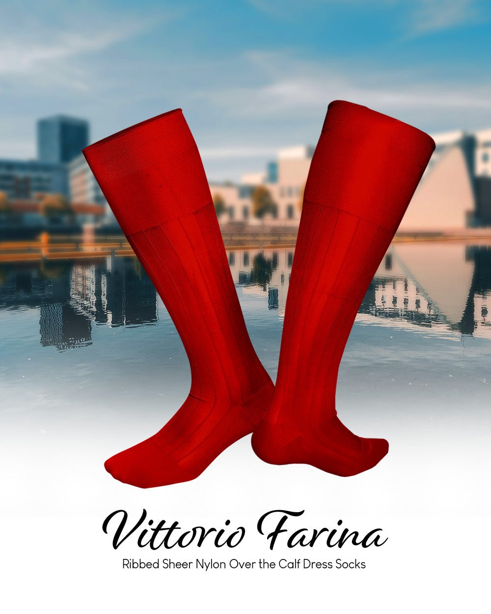 Vittorio Farina Men's Ribbed Shear Nylon Over The Calf Dress Socks - Red - Socks - Vittorio Farina