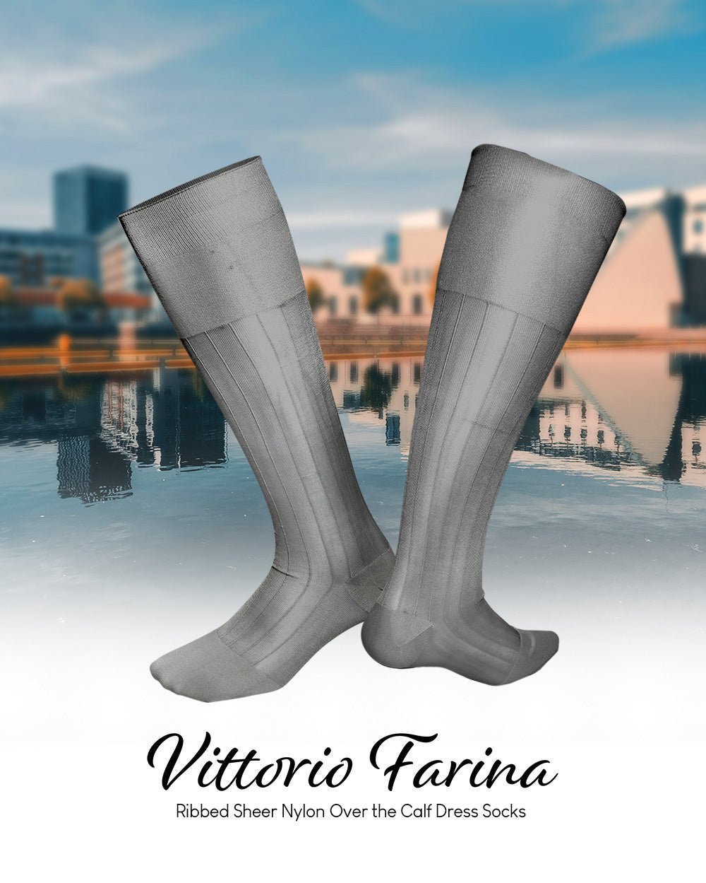 Vittorio Farina Men's Ribbed Shear Nylon Over The Calf Dress Socks - Silver - Socks - Vittorio Farina