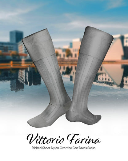 Vittorio Farina Men's Ribbed Shear Nylon Over The Calf Dress Socks - Silver - Socks - Vittorio Farina